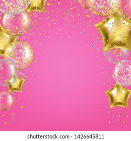 Birthday Banner With Golden Star Balloons With Gradient Mesh, Vector Illustration