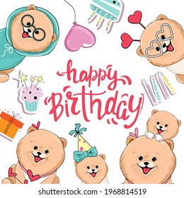 Birthday banner greeting card with funny cartoon spitz dogs, cake and festive decor. Vector illustration. Doodle animals. T-shirt design