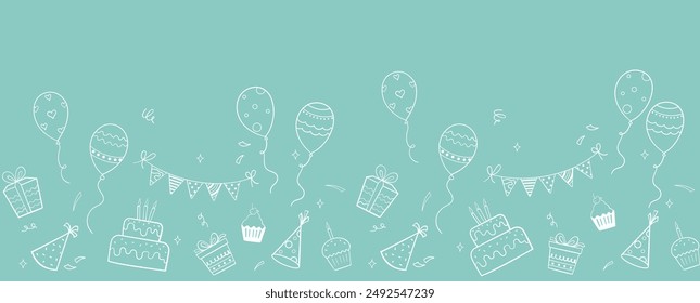 Anuncio de cumpleaños. Fondo de fiesta dibujado a mano con pasteles, globos y cajas de regalo. Diseño de Vector para tarjeta de felicitación, invitación, póster, pegatina y estampados.