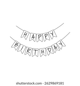 Birthday Banner Line art style, garland spelling Happy Birthday, great for greeting card designs and celebration banners.