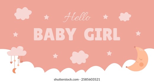 Birthday banner for a little girl with cute clouds, moon and stars