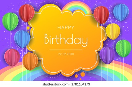 Birthday banner with paper balloons. Celebration birthday party invitation background with greetings and colorful balloons and birthday elements.