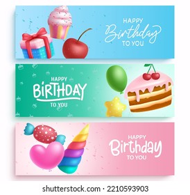 Birthday banner set design. Happy birthday greeting text for invitation party card occasion background collection. Vector Illustration.
