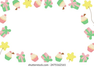 Birthday banner template with colored gift boxes, cupcakes and balloons in candy pastel colors. Vector holiday hand drawn composition isolated on white background. Good for social media and greetings