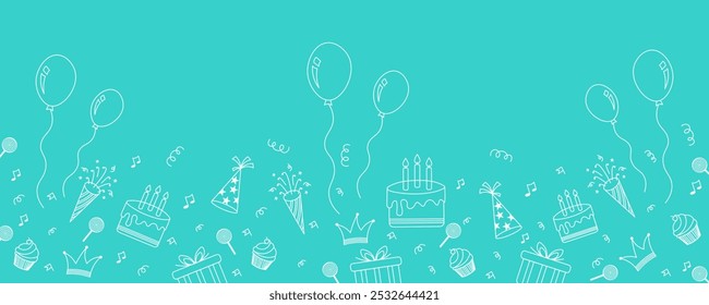 Birthday Banner Vector Design. Happy Birthday Fun Hand-Drawn Party Seamless Background with Celebration Elements, Birthday Design for Birthday Banners, Textiles, Wallpapers, Wrapping, Invitations