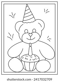 Página de coloreado de oso de cumpleaños diseñada en vector dibujado a mano 