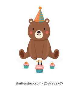 Birthday  bear with cupcakes flat vector illustration isolated on white background