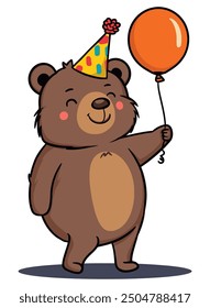 Birthday Bear Holding a Balloon with a Cheerful Expression | Perfect for Celebrations and Cards | Flat Vector Illustration