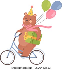 Birthday Bear On Bicycle With Gift Vector Illustration