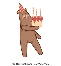 Birthday bear wearing a striped hat and carrying a candlelit cake. Vector illustration for greeting cards or party invitations. Cute design for party invitations, posters, or greeting cards