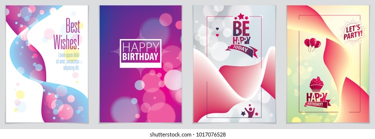 Birthday beautiful greeting card vector design. Includes lettering composition and balloons combined with wavy fluid colorful shape abstract backgrounds collection. A4 format with CMYK colors 