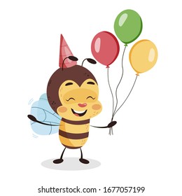 Birthday bee with balloons on white isolated background. Vector happy bee celebrating bithday children character design illustration.