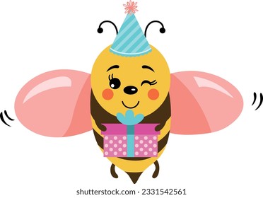 Birthday bee holding a gift box
