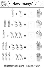 Birthday black and white counting game with cake and candles. Holiday outline number recognition activity for preschool children. Educational line celebration printable math worksheet for kids
