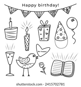 Birthday black and white cute doodle set, holiday vector line stickers