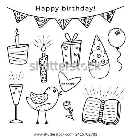 Birthday black and white cute doodle set, holiday vector line stickers