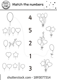 Birthday black and white matching game with colorful balloons. Holiday outline line math activity for preschool children. Educational celebration printable counting worksheet with for kids
