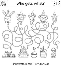 Birthday black and white maze for children. Holiday preschool printable outline educational activity. Funny line b-day party game or puzzle with cute animals and cakes. Who gets what? 
