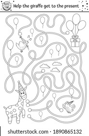 Birthday black and white maze for children. Holiday outline preschool printable educational activity. Funny line b-day party game or puzzle with cute animals. Help the giraffe get to the present