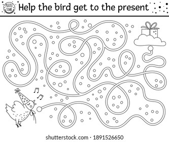 Birthday black and white maze for children. Holiday outline preschool printable educational activity. Funny line b-day party game or puzzle with cute chicken. Help the bird get to the present 
