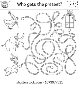 Birthday black and white maze for children. Holiday outline preschool printable educational activity. Funny line b-day party game or puzzle with cute animals and gift box. Who gets the present? 
