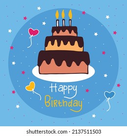 Birthday Bliss Elevate your birthday greetings with this charming hand-drawn illustration, combining heartfelt lettering, a delightful cake, and cheerful heart balloons.