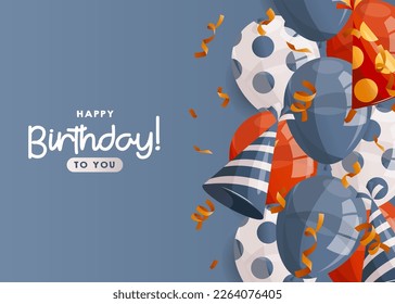 Birthday blue horizontal promo banner with red, blue shiny balloons, caps, confetti. Birthday party, celebration, holiday, event, festive concept. Banner, flyer, advertising. discount. Cartoon vector