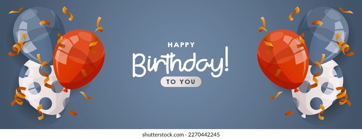 Birthday blue horizontal promo banner with red, blue shiny balloons, confetti. Birthday party, celebration, holiday, event, festive concept. Banner, flyer, advertising. discount. Cartoon vector