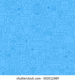 Birthday Blue Line Seamless Pattern. Vector Illustration of Outline Tile Background. Party Celebration.