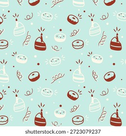 Patrón azul de cumpleaños de rosquillas y rebanadas de pastel con velas, contornos y siluetas de doodle blanco y marrón. Ilustración vectorial