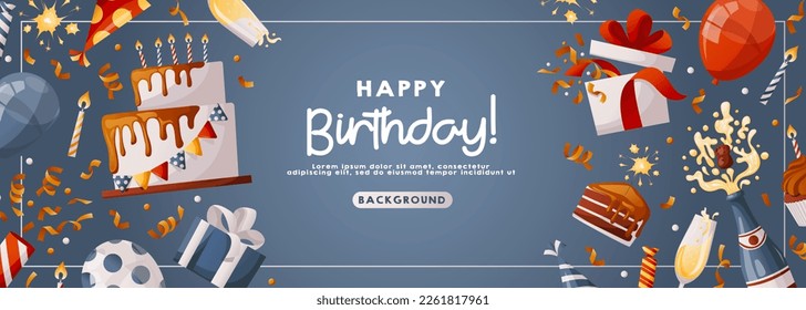 Birthday blue promo banner with cake, cupcake, gifts, champagne, caps, confetti. Birthday party, celebration, holiday, event, festive concept. Banner, flyer, advertising. Discount. Cartoon vector