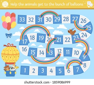 Juego de mesa de cumpleaños para niños con animales lindos en globo aerostático. Juego de vacaciones educativas con nubes, arcos y globos. Actividad de fiesta para los niños.
