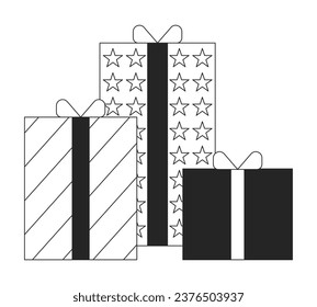 Birthday bonus gift boxes black and white 2D line cartoon object. Black Friday holiday deals isolated vector outline item. Promotional awards. Presents Christmas monochromatic flat spot illustration