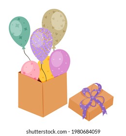 Birthday box with balloons. Vector illustration.