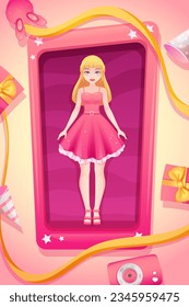 Birthday box with trendy pink doll inside. The concept of birthday gift. Doll as gift for girl. Vector illustration in cartoon style, garish vector