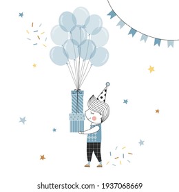 Niño de cumpleaños con globos y cajas de regalo ilustraciones vectoriales aisladas en fondo blanco. Personaje de caricatura de Party Boy. Gráficos del Partido Boyish Azul