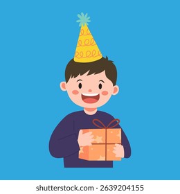 Birthday Boy bring a gift box, Flat vector illustration.