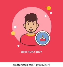 Birthday boy with cake and candle a flat concept design on red background