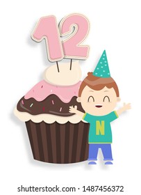 Birthday boy card with cupcake and number 12 candle