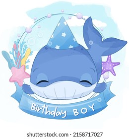 Birthday Boy, cute little whale Illustration