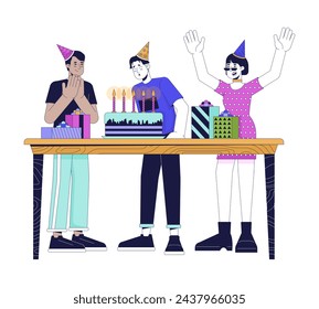 Birthday boy with friends 2D linear cartoon characters. Asian man making wish with party guests isolated line vector people white background. Holiday event celebration color flat spot illustration