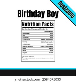 Birthday Boy Funny Nutrition Facts label, Funny humor birthday nutrition facts, Editable and
 Resizable Birthday Boy Nutrition Facts