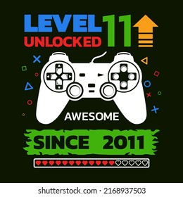 Birthday Boy Gamer Level Eleventh vector, Level 11 Unlocked illustration, 11 Years Old, 11th Birthday Boy, Video Games 