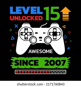 Birthday Boy Gamer Level Fifteenth vector, Level 15 Unlocked illustration, 15 Years Old, 15th Birthday Boy, Video Games 