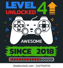 Birthday Boy Gamer Level Fourth vector, Level 4 Unlocked illustration, 4 Years Old, 4th Birthday Boy, Video Games 