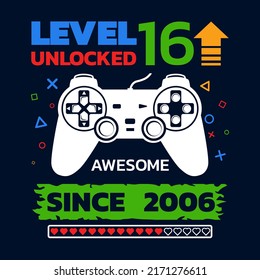 Birthday Boy Gamer Level Sixteenth vector, Level 16 Unlocked illustration, 16 Years Old, 16th Birthday Boy, Video Games 