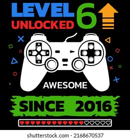 Birthday Boy Gamer Level Sixth vector, Level 6 Unlocked illustration, 6 Years Old, 6th Birthday Boy, Video Games 