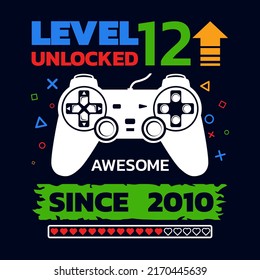 Birthday Boy Gamer Level Twelvth vector, Level 12 Unlocked illustration, 12 Years Old, 12th Birthday Boy, Video Games 