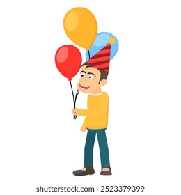 Cumpleañero. Muchacho feliz con los globos, Ilustración vectorial