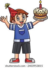 Birthday Boy Holding Cake Cartoon Colored Clipart